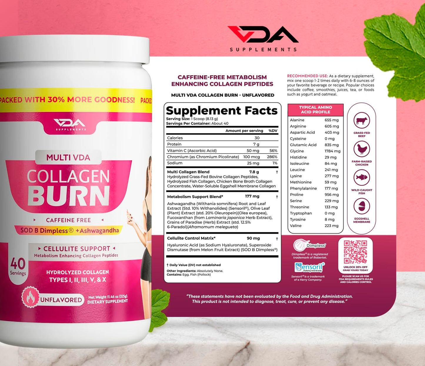 VDA Supplements Collagen Burn Multi Collagen Powder - 40 Servings
