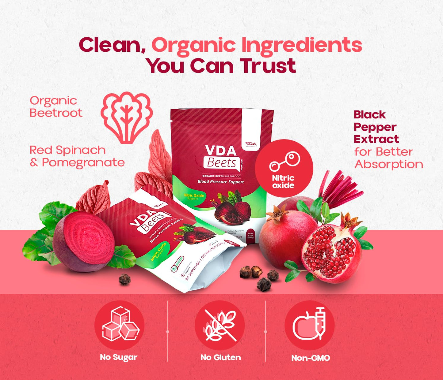 VDA Supplements Organic Beet Root Powder for Daily Nutrition - 30 Servings