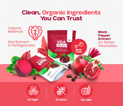 VDA Supplements Organic Beet Root Powder for Daily Nutrition - 30 Servings